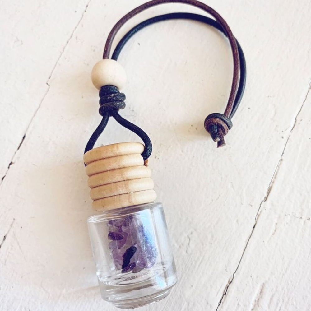 Wood and Glass Hanging Pendant with Purple Accents